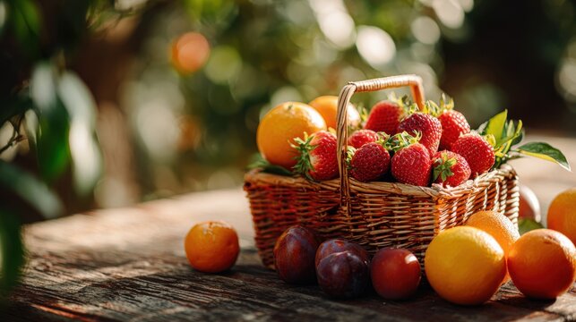 Freshly picked strawberries and citrus fruits in rustic basket on wooden table. Woven basket overflows with ripe strawberries, oranges, plums, set against blurred garden background dappled sunlight