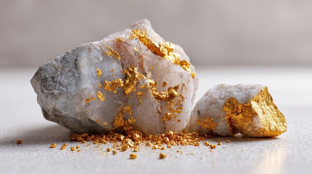 Raw gold nuggets embedded in quartz rock, a symbol of wealth and natural beauty. Close-up view of unrefined gold ore, showcasing glittering metallic veins within a crystalline mineral matrix
