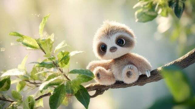 Adorable fluffy baby sloth with big eyes sitting on a tree branch in nature. A cute, fuzzy, cartoon-style sloth is perched on a branch surrounded by lush green leaves and soft sunlight