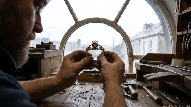 Jeweler Inspecting Intricate Claddagh Ring with Red Gemstone Under Window Light