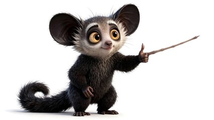 Fototapeta premium Unusual aye-aye lemur with large eyes, oversized ears and dark fluffy fur, presented as a cute 3D animated character on a white background.