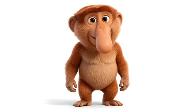 Unusual proboscis monkey with its distinctive large nose and brown fur, presented as a cute 3D animated animal character on a white background.