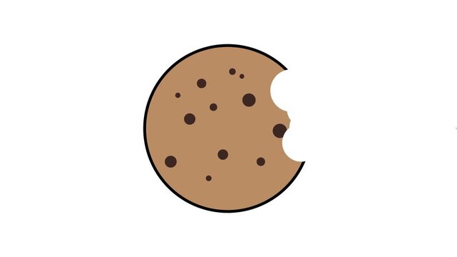2D vector animation of a round chocolate chip cookie getting bitten repeatedly on a white background.