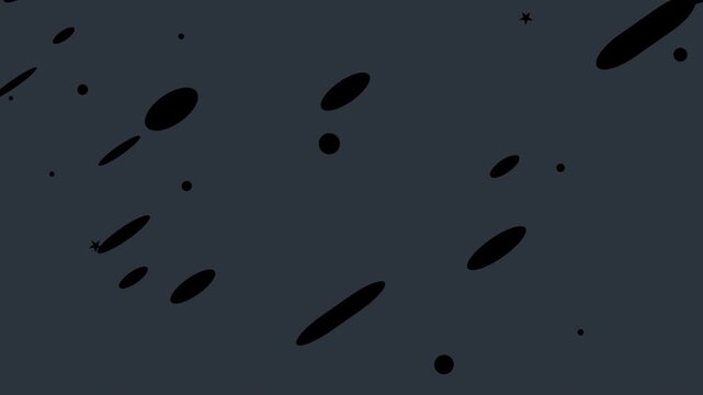 Dark background animation with black oval shapes and small stars falling diagonally in a rain pattern.