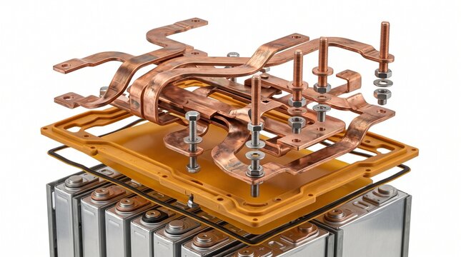 Pouch Cell Module - 3D illustration of Exploded view of a battery module consisting of
multiple pouch cells