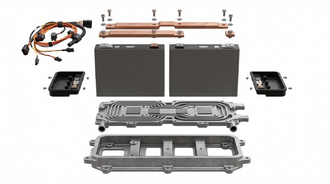 Complete EV Battery Pack - 3D illustration of Exploded 3D diagram of a complete
electric vehicle battery pack chassis