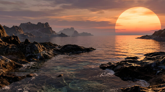 Surreal alien landscape with a giant sun setting over a calm ocean and rocky islands