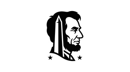 Fototapeta premium Minimalist graphic illustration featuring Abraham Lincoln profile silhouette with Washington Monument and stars.