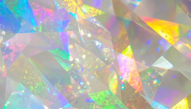 透明なクリスタルに多彩な光が反射する幻想的なプリズムとボケの抽象背景