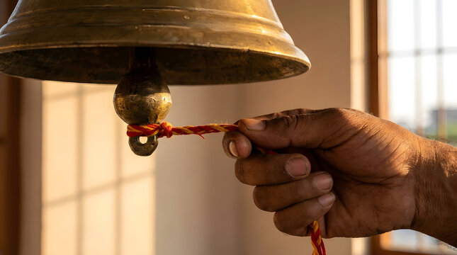 Heavy golden metallic temple bell featuring weathered surfaces, glowing with warm sunlight, tied tightly using traditional colorful cotton rope held firmly by human hands