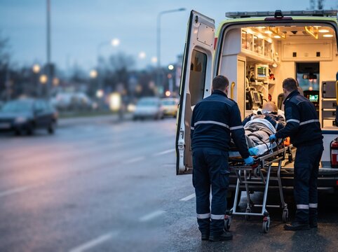 Paramedics loading patient onto stretcher into ambulance at night.