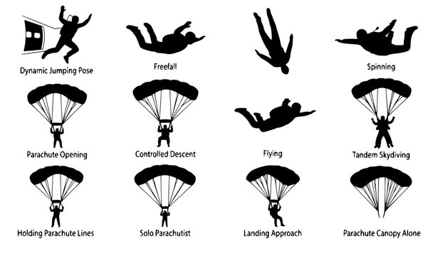 Skydiver Parachute Silhouette Collection, Extreme Adventure Sport Vector Icons