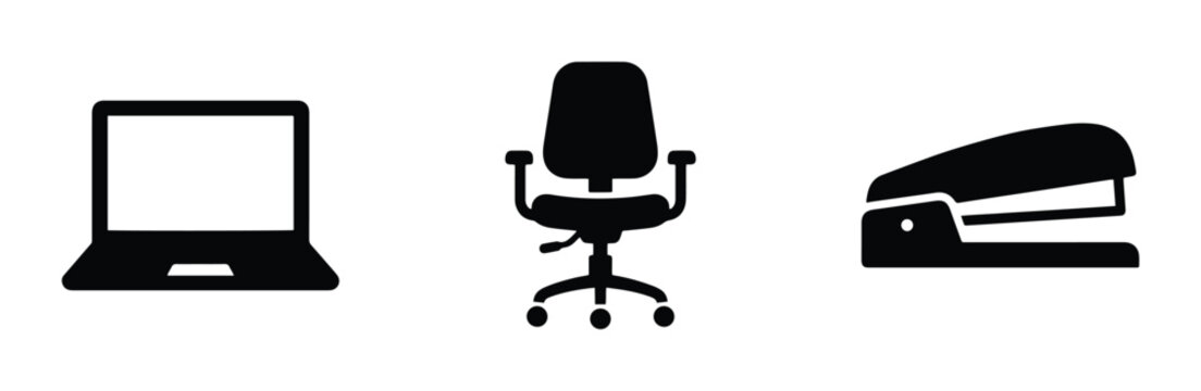 Office supplies set with laptop, chair and stapler