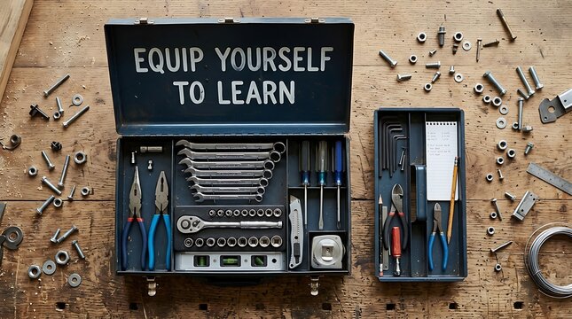 Open toolbox filled with assorted metal tools and equipment on a wooden surface