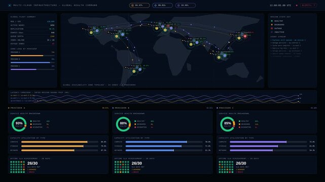 Cinematic 4K dark-mode multi-cloud infrastructure dashboard visualizing global uptime, capacity, and service health with animated world map nodes for commercial creative technology and business use.