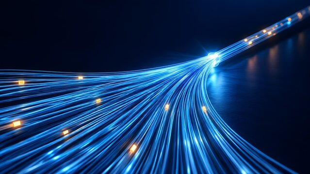 Digital data stream processing and conversion concept showing floating particles forming organized lines