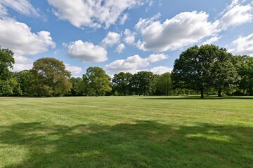 Naklejka premium The Park Landscape: Wide Open Lawn Under Bright Sky with Trees