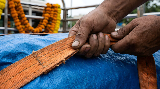 Weathered working hands securely pull and tighten a strong orange cargo strap over blue protective tarpaulin during daily physical transport labor operations