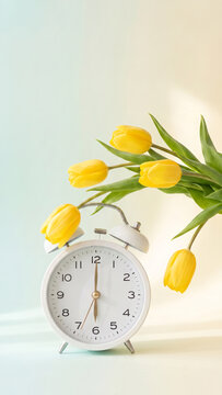 A classic silver alarm clock and fresh yellow tulips against a soft pastel background with gentle morning light.