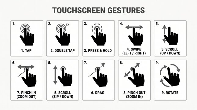 Clean instructional infographic displaying touchscreen gesture controls, black hand icons on light background, labeled actions including tap, double tap, swipe, drag, pinch, rotate.