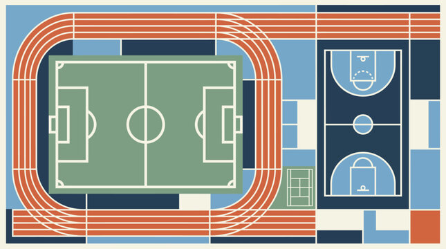 Aerial Top View Multi Sport Athletic Arena Vector Layout with Football Pitch Running Track and Basketball Court