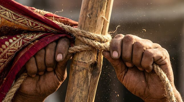 Rugged weathered hands tightly pull and secure thick rough jute rope around vertical bamboo pole holding vibrant red fabric under warm bright sunlight