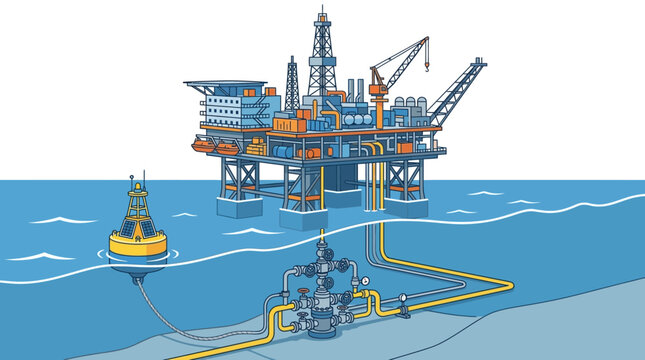 Outline illustration of offshore oil platform drilling rig with subsea wellhead infrastructure and pipelines, depicting hydrocarbon extraction process.