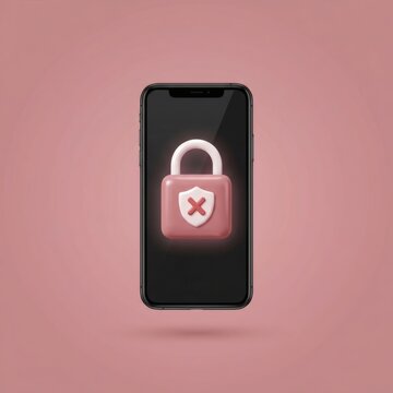 3D mobile cybersecurity concept with smartphone and pink padlock featuring warning cross icon on pink background, data leak and insecure mobile device protection illustration