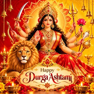 Maa Durga with and Eight Arms Holding Weapons - Happy Durga Ashtami Wishes with Diya Lights and Temple Bells
