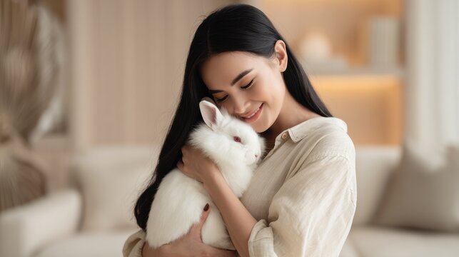Woman tenderly holding fluffy white rabbit in cozy indoor setting. Gentle moment captured between woman her adorable pet rabbit, showcasing bond of affection care within comfortable home environment