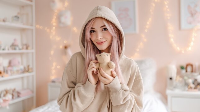 Young woman with pink hair wearing a beige hoodie holding a teddy bear. A young woman with pastel pink hair smiles gently while holding a small teddy bear in her cozy, pastel-decorated bedroom