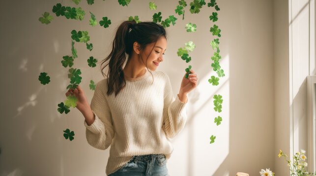 Young woman holding a shamrock decoration for St. Patrick's Day celebration. A smiling young woman is surrounded by green shamrock decorations, celebrating the Irish holiday with festive cheer