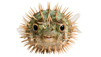 Inflated spiky pufferfish with large dark eyes and sharp defensive spines © Alaric