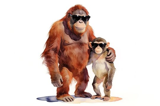A watercolor orangutan and monkey stand upright with an arm around each other wearing sunglasses on a pure