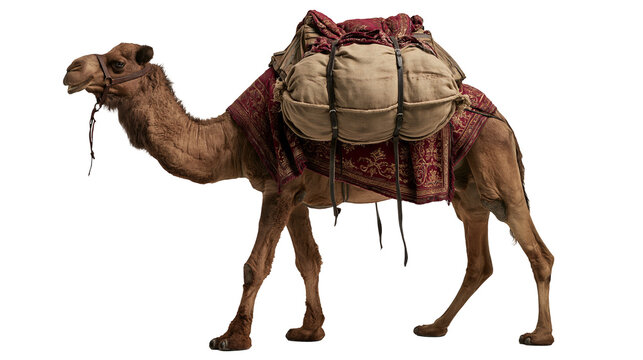 Dromedary camel with traditional saddle and heavy canvas cargo packs
