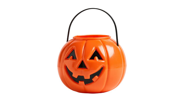 Orange plastic pumpkin candy bucket with black handle for trick or treat