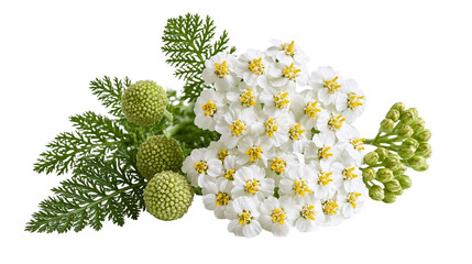 White yarrow flower cluster with green feathery leaves and round buds © Alaric