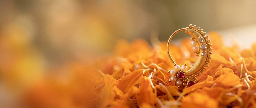 Traditional gold nose ring resting on bright orange marigold flower petals for cultural religious ritual worship ceremony