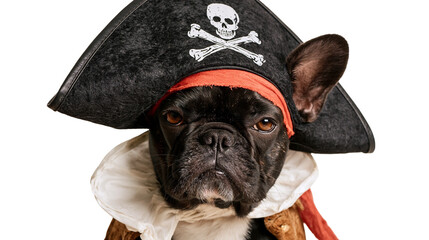 Fototapeta premium Black French Bulldog wearing a pirate hat with skull and crossbones and ruff collar