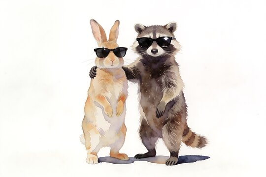 A watercolor rabbit and raccoon stand upright with an arm around each other wearing sunglasses on a pure white background