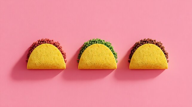 Three colorful tacos with different fillings arranged in a row on a solid pink background