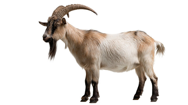 Adult male goat with long curved horns and brown and white fur