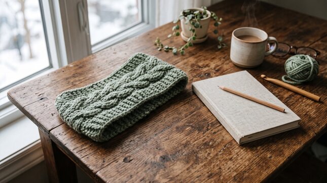 Sage green cable knit crochet ear warmer headband on rustic wooden table with coffee, yarn and crochet hook by snowy window