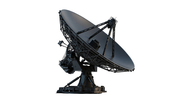 Large black satellite dish antenna with metal truss structure and support base