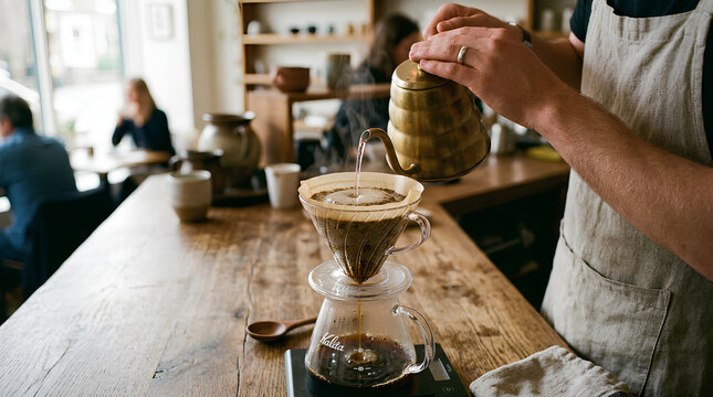 Barista pouring hot water into a dripper for fresh pour-over coffee in a cozy caf? setting