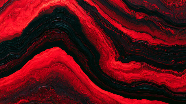 Crimson and ebony fluid marble pattern displays swirling textured abstract shapes acrylic art