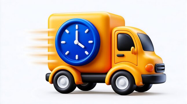 Orange Fast Delivery Truck With Blue Clock 3D Illustration