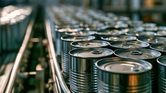 Cans with ring-pull lids move along metal guide rails on a production line. The closest cans are clear and others fade into the background