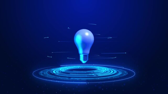 A cyan bulb stands blue setting, with orbital light trails circular platform visual symbol of inspiration and discovery for education, product development, innovation presentations, technology films.