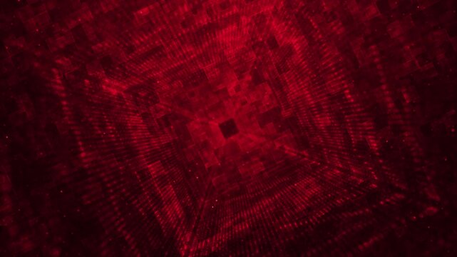 Red rectangular outlines tiny particles digital corridor strong perspective. intense composition provides cyber aesthetic science fiction sequences, immersive event visuals digital entertainment edits